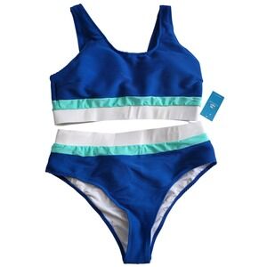 Cupshe Women Blue Ribbed Colorblock High Waisted Bikini Set Size L CAA12C3B047TZ
